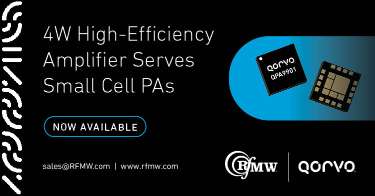 The Qorvo QPA9901 power amplifier supports small cells operating in the 2.11 to 2.17 GHz frequency range 