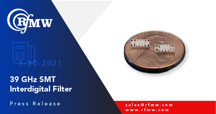 The Cubic Nuvotronics PSF39B04S, surface mount, mmWave, interdigital filter has a pass band of 37.0 to 41.0 GHz 