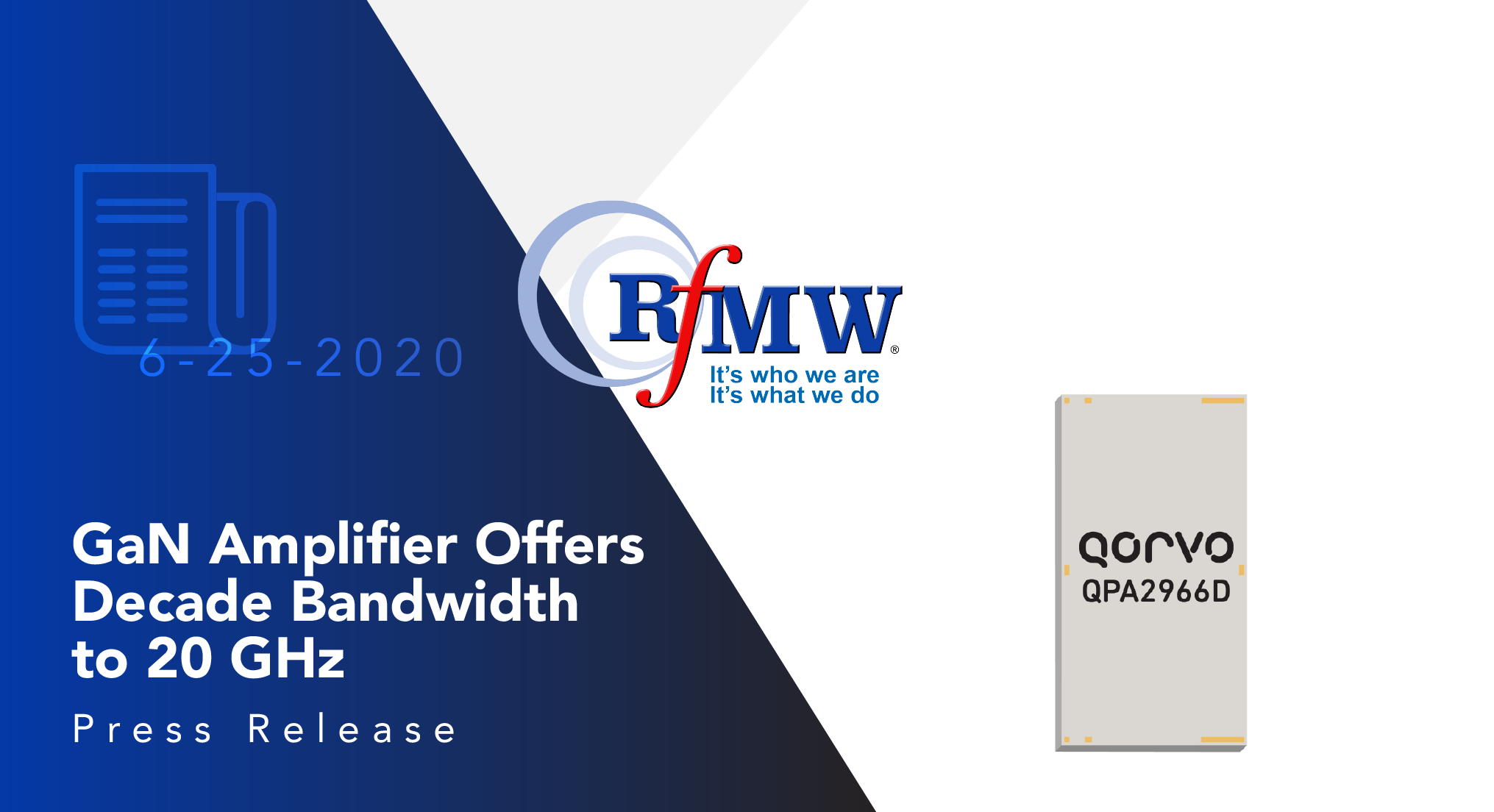 The Qorvo QPA2966D provides an average of 20 Watts psat from 2 to 20 GHz 