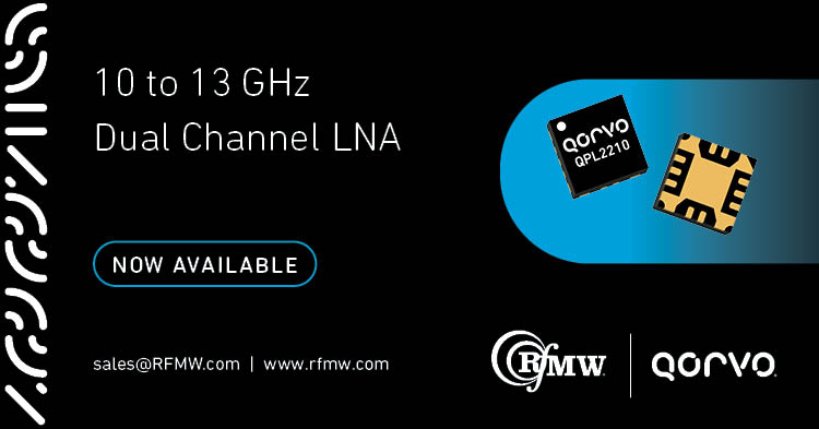The QPL2210, dual-channel, low noise amplifier covers 10 - 13 GHz with 16 dB small signal gain and 1.2 dB noise figure