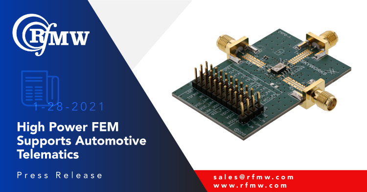 The Skyworks Solutions SKYA21043 AEC-Q104 (Grade 2), 5 GHz FEM incorporates a SPDT, high-gain LNA with bypass, and PA for high-power 802.11p applications and systems.