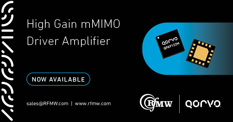 The Qorvo QPA9122M high gain and high linearity driver amplifier provides 36.5 dB gain at 2.6 GHz and achieves a peak power of 27 dBm P3dB.