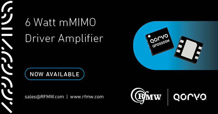 The Qorvo QPD0005M GaN power transistor supports driver amplifier applications for massive MIMO Doherty configurations from 2.5 to 5 GHz.
