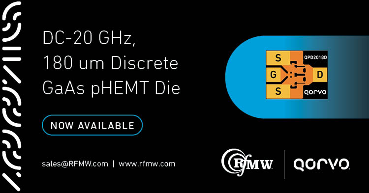 Qorvo’s DC to 20 GHz QPD2018D is typically provides 22 dBm of output power at P1dB with gain of 14 dB and 55% power-added efficiency