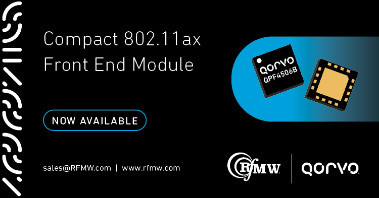 The Qorvo QPF4506B 5 GHz Front-End Module integrates a 5 GHz power amplifier (PA), regulator, single pole two throw switch (SP2T), bypassable low noise amplifier (LNA) and coupler into a single device Wi-Fi 802.11ax systems