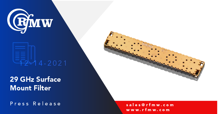 The Cubic Nuvotronics’ PSF29B02V2S interdigital filter has a pass band of 27.5 to 30.0 GHz with 50 Ω characteristic impedance for surface mount appilcations.
