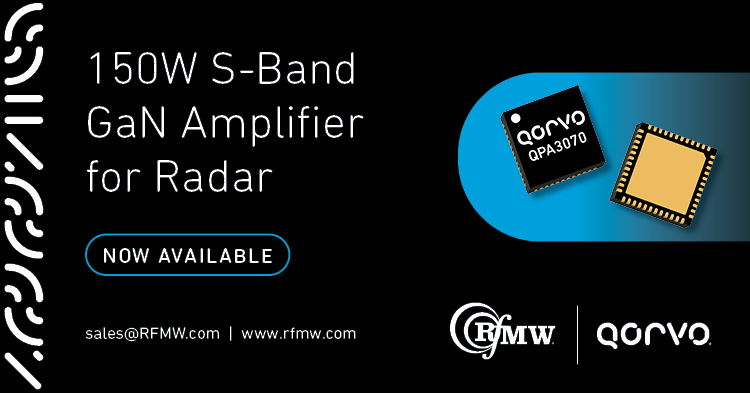 The Qorvo QPA3070 GaN amplifier delivers 150 Watts (52 dBm) of saturated output power with power gain of 28 dB from 2.9 to 3.5 GHz.