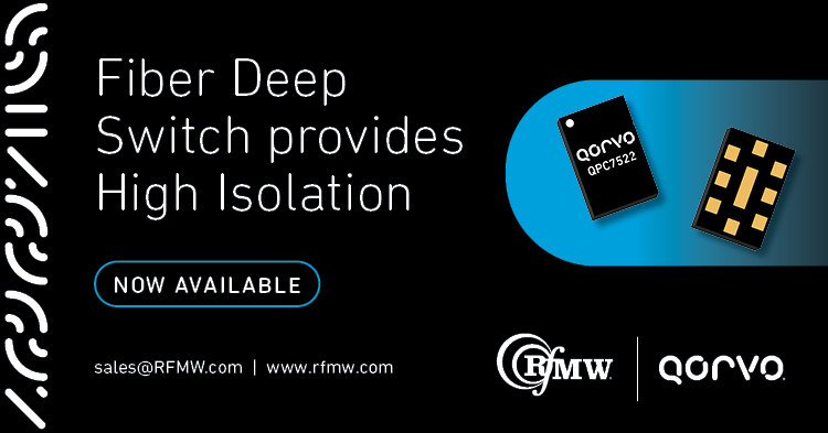The QPC7522 is a 75 ohm, SPDT switch operating from 5 to 3300 MHz with low loss and high isolation