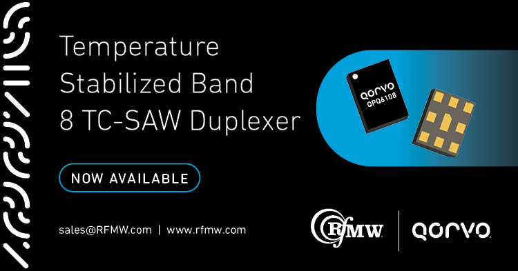 The Qorvo QPQ6108 temperature compensated, Band 8, SAW duplexer performs from -20 to 95 degrees C